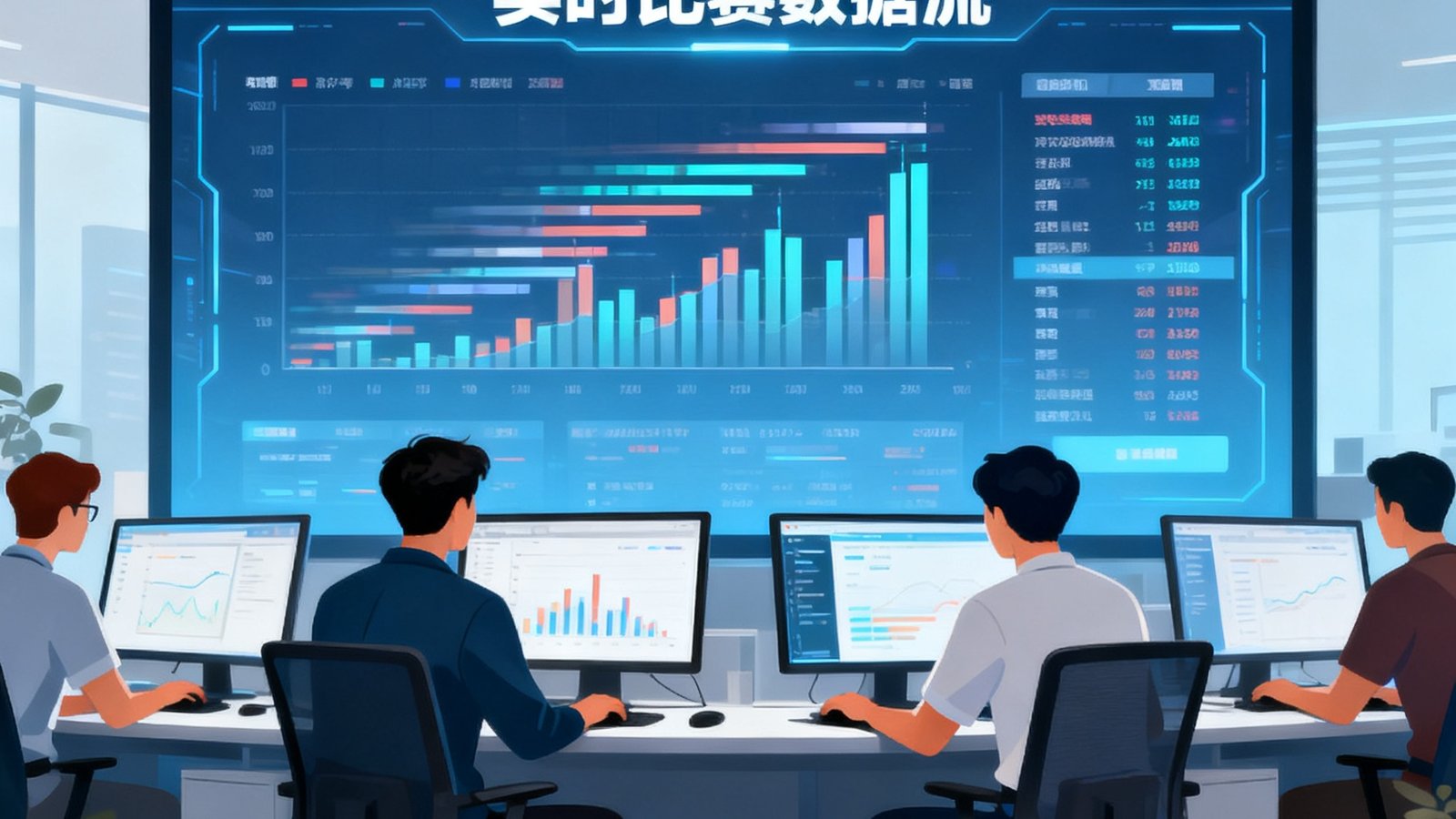 雷速比分团队办公场景，数据大屏显示实时比赛数据流